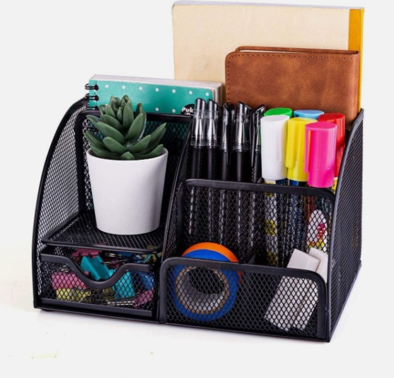 Mesh Desk Organizer Office Supplies 6 Compartments + 1 Drawer Pen Holder